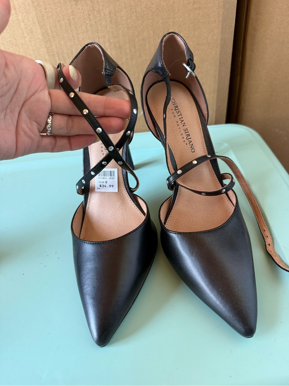 Christian Siriano Black Pointed Toe Crisscross Ankle Strap Pumps